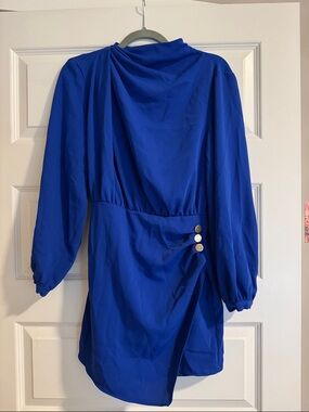 Zara Cobalt Blue Long Sleeve Draped Mini Dress with Button Accent